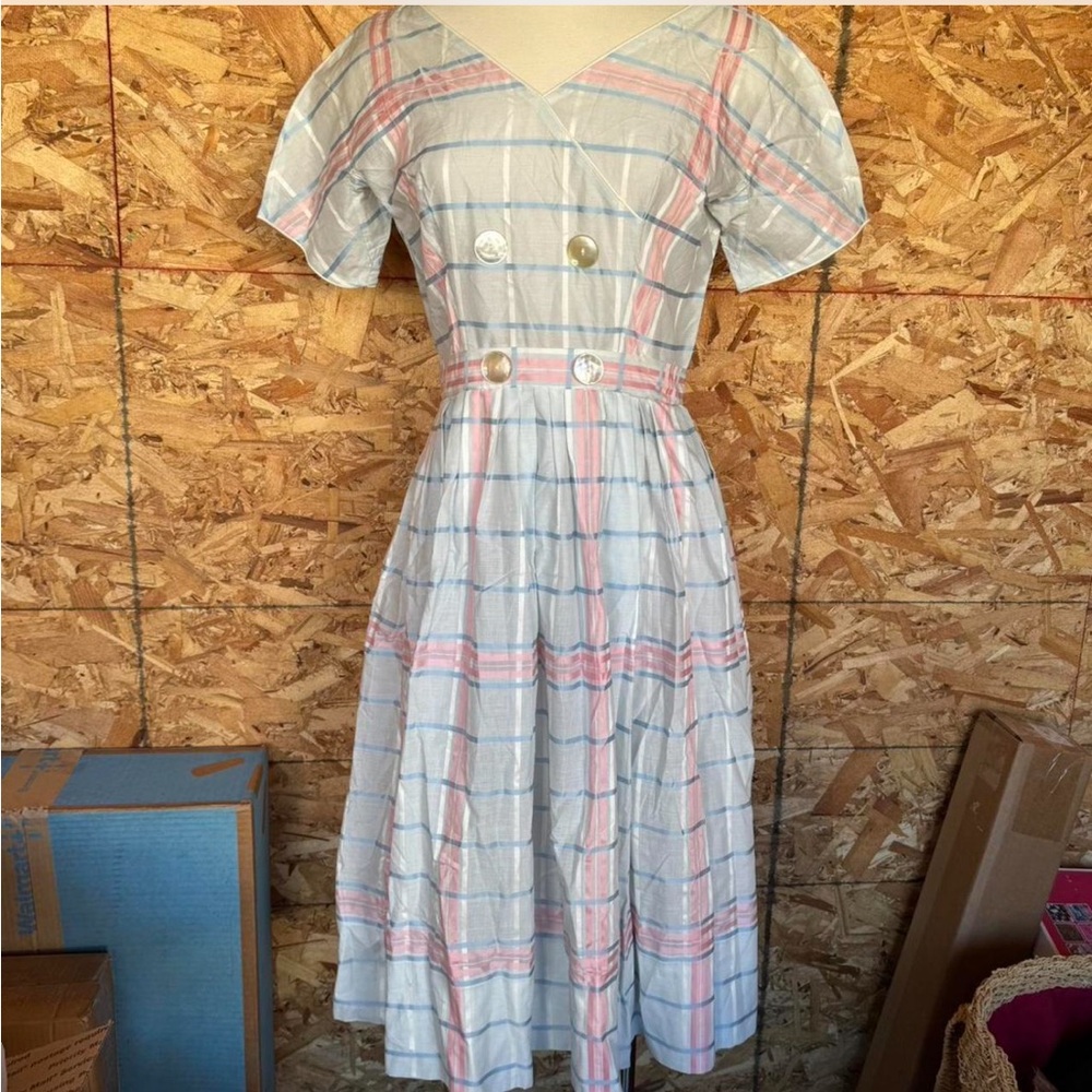 True vintage 50s plaid midi dress with a white and pink color pastel palette